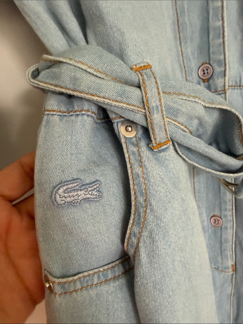 LACOSTE Light Blue Denim Belted Dress with Collar Sz 36 Long Sleeves Denim Mini - Picture 5 of 10